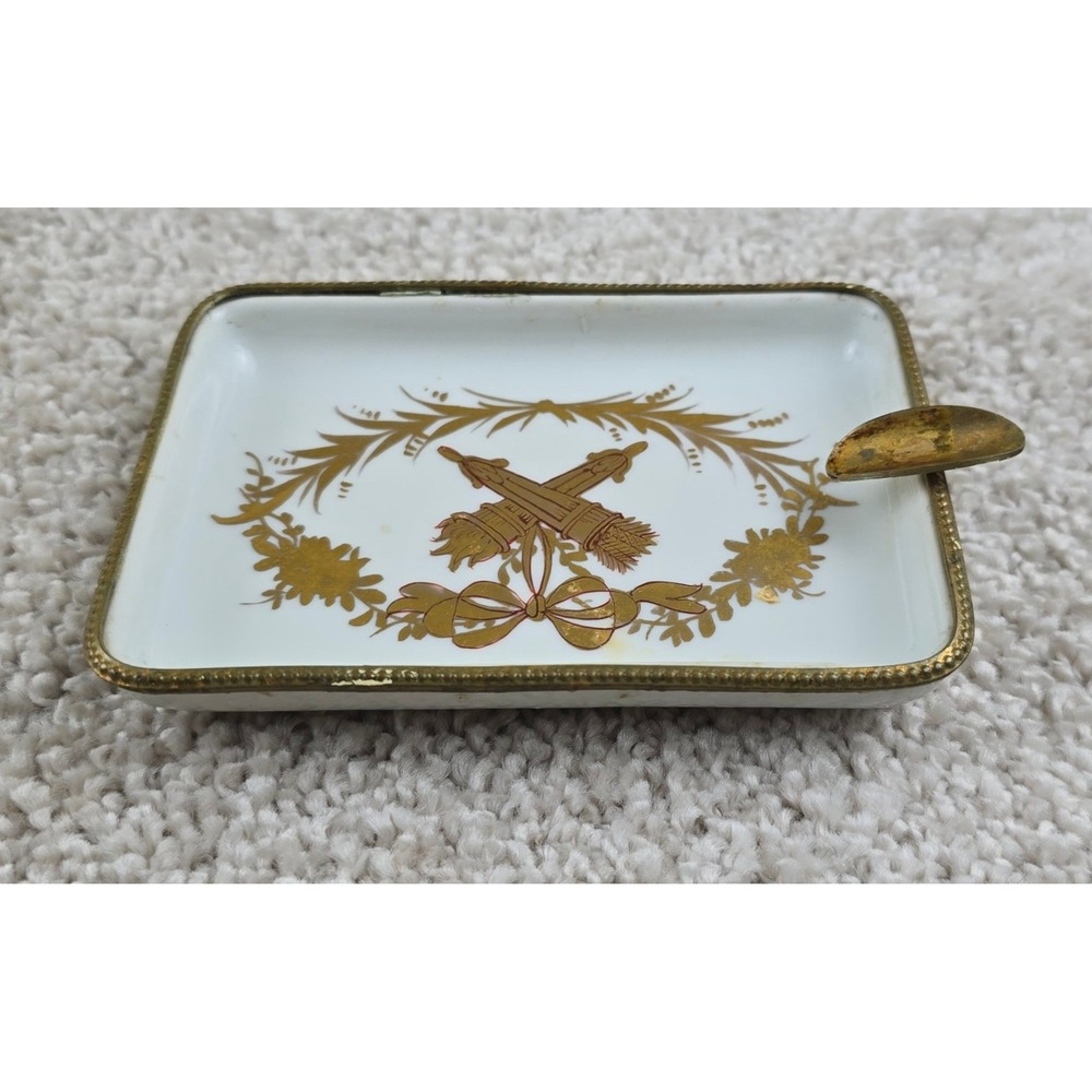 Vintage Paris Style Limoges France Porcelain Ashtray Gold Gilt Brass Trim